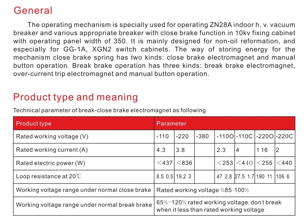 Used for Operating Zn28A CT19b Type Spring Operating Mechanism